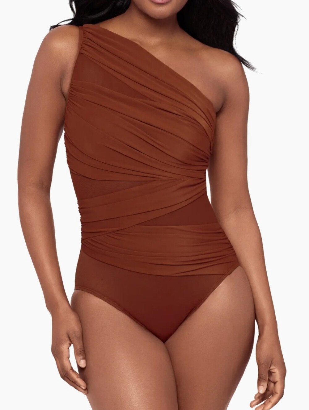 NEW Miraclesuit Jena Sheer Mesh Panel Slimming Swimsuit Brown Size 8